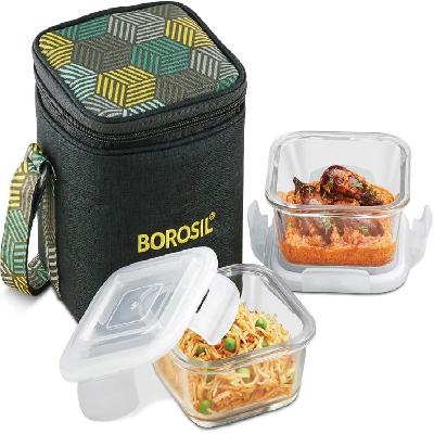 Borosil Glass Lunch Box Foodluck Olive 3 Square Container