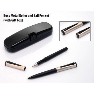 Boxy Metal Roller And Ball Pen Set (With Gift Box)