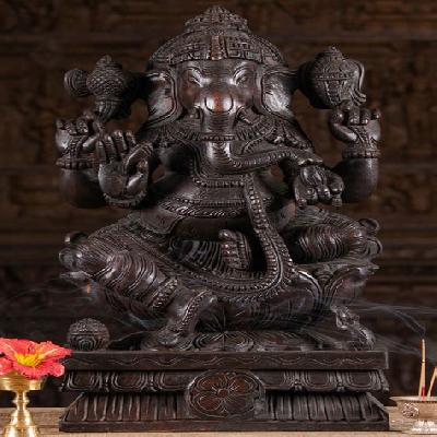 Wooden Base Flower Ganesh Ji Statue
