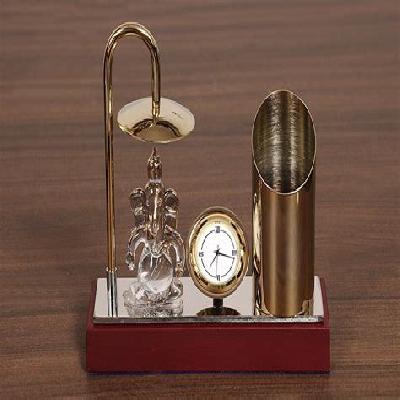 Crystal Tabletop Clock With Ganpati