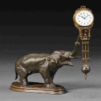 Wooden Base Elephant Statue with Clock