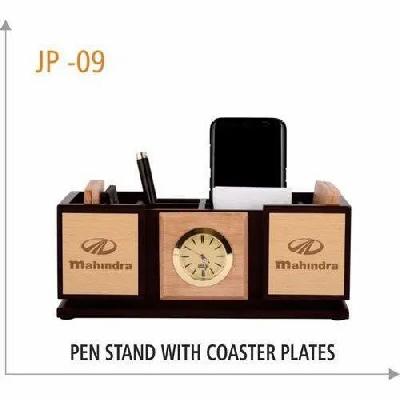 Wooden Pen Stand With Coaster Plates