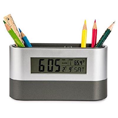 Cube Desktop Stationery Holder with Digital Clock