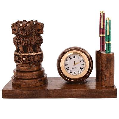 Office Wooden Table Clock Pen Stand