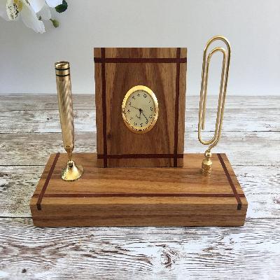 Wooden Table Clock Pen Stand
