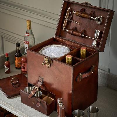 Brown Leather Portable Mini Bar Set