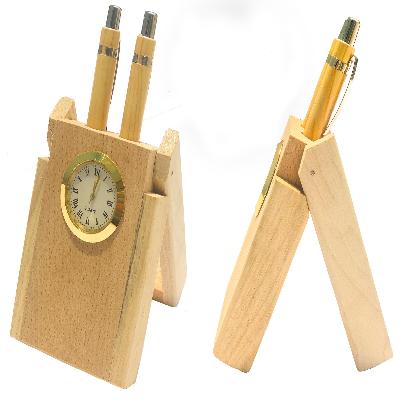Wooden Table Clock Pen Stand
