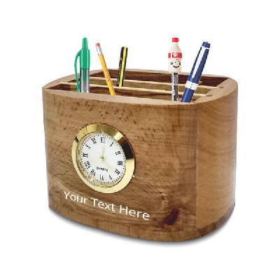 Wooden Pen Stand With Clock