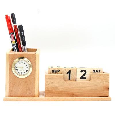 Wooden Pen Stand With Clock
