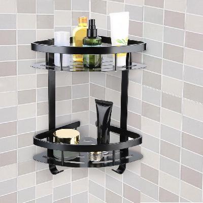 Snap Up Shelf Corner Triangle Bathroom Storage Rack With Hooks