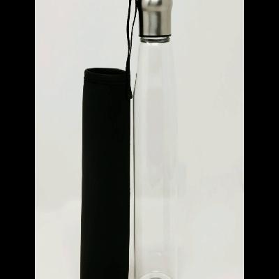 Minura Borosilicate Glass Water Bottle With Neoprene Sleeve and Metal Cap Silver and Blue Color