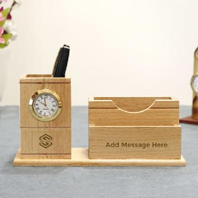 Wooden Desktop Pen Stand With Clock