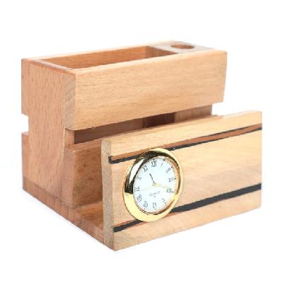 Decorative Wooden Pen Stand With Clock