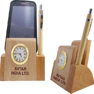 Printed Wooden Pen Stand With Clock