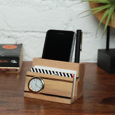Wooden Pen Stand With Watch