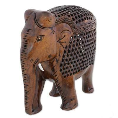 Wooden Jali Elephant Trunk Down Statue
