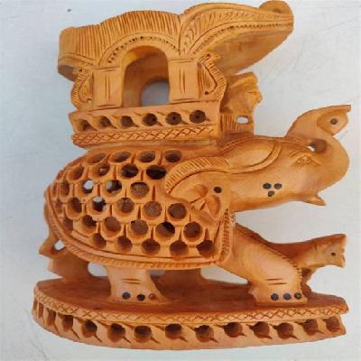 Wooden Jali Elephant Trunk Up Statue