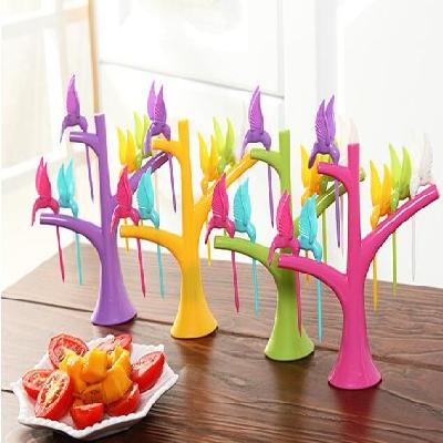 Humming Bird Design Fruit Forks With Fork Holder-(Assorted Color)