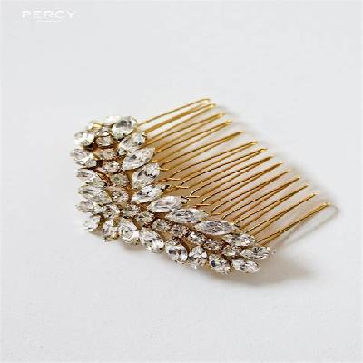 Cyan and White Crystal Hair Comb Golden 