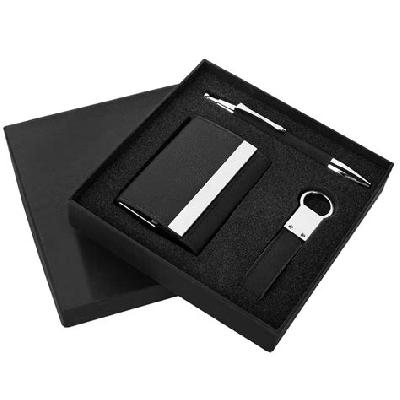 3 Pc Gift Set Double Side Card Holder, PU Keychain, PU Pen Silver Laser Color
