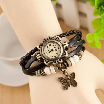 Butterfly Pendant Leather Bracelet Watch - Multicolor