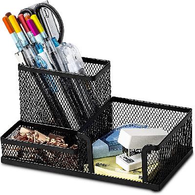 3 Compartment Stationary Storage Stand Metal Mesh Desk Organizer
