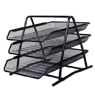 3 Tier Black Metal Mesh Document File Tray Office Desktop Organizer