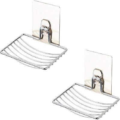 Soap Dish Holder Self Adhesive Wall Mounted Soap Sponge Holder Stainless Steel Storage Saver Rack