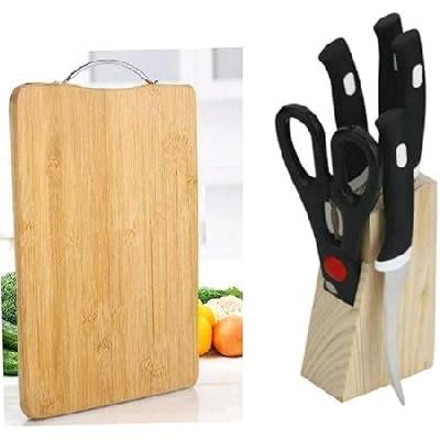Wooden Chopping Board with Knife Set and Scissor Stainless Steel Kitchen Knife Scissor