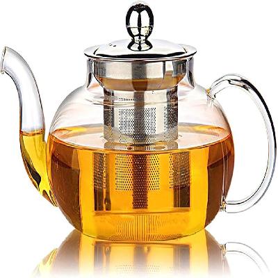 Glass Tea Pot Kettle Stainless Steel Lid Pitcher Heat-Resistant 1 Teapot, 4 Mugs and 1 Wooden Tray