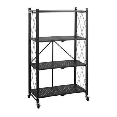 Metal Matte Finish Adjustable and 4 Layer Foldable Storage Shelving Unit with Wheel, Black