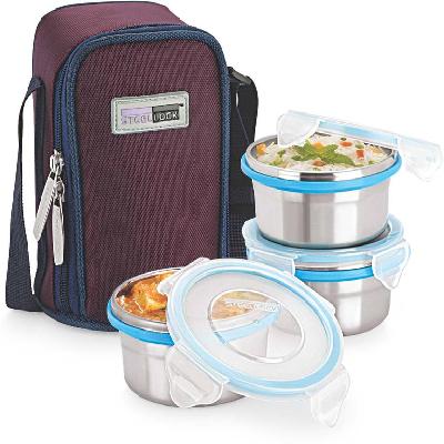 Stainless Steel and Plastic Insulated Lunch Box of 3 Air Tight Containers with Bag Cover(2542)