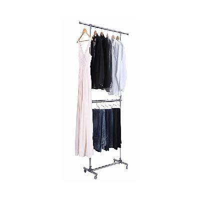 Stainless Steel Single Pole Telescopic Clothes Hanger, Multipurpose Clothes Rack with Bottom Shelves