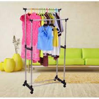 Double Pole Portable Clothes Rack Foldable Garments Hanging Stand Laundry Dry Rack with Wheels