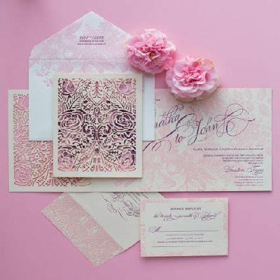 Embossed Pink Flower with Motif Foil Printed Wedding Card Invitation Card