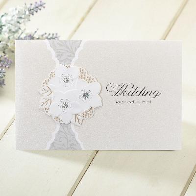 Embossed White Laser Cut Flower Pearl Foil Printed Wedding Card Invitation Card