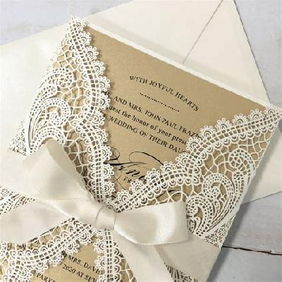 Laser Cut Flower Pearl Acrylic Motif Foil Printed Wedding Card Invitation Card