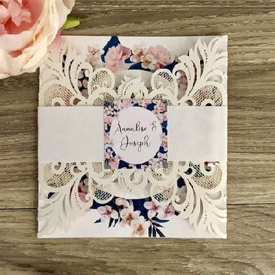 Laser Cut Gray Flower Golden Acrylic Foil Printed Wedding Card Invitation Card