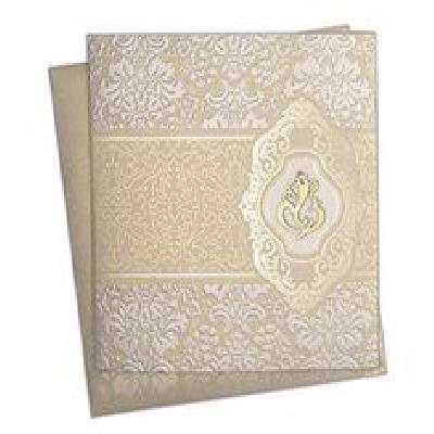 Leatherette Embossed Flower Light Brown Motif Foil Printed Wedding Card Invitation Card