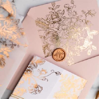 Pink Multi Flower Acrylic Motif Foil Printed Wedding Card Invitation Card