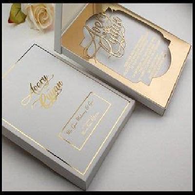 White Embossed Golden Acrylic Motif Foil Printed Wedding Card Invitation Card
