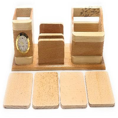 Table Top Stand with Clock Wooden Coaster