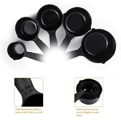 Plastic Measuring Cups And Spoons (11 Pcs, Black) With Butterfly Shape Holder(2646)