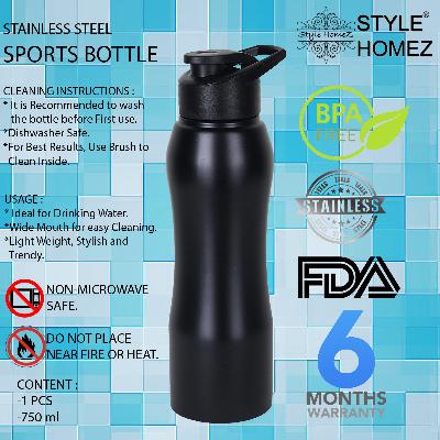 Sports SS Water Bottle 750 ml Gym Sipper Black Color - BPA Free, Food Grade Quality