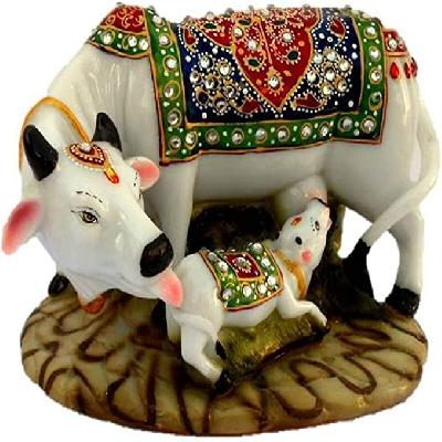 Polished Kamadhenu And Calf Marble Statue