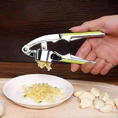 STEEL GARLIC PRESS WITH YELLOW HANDLE